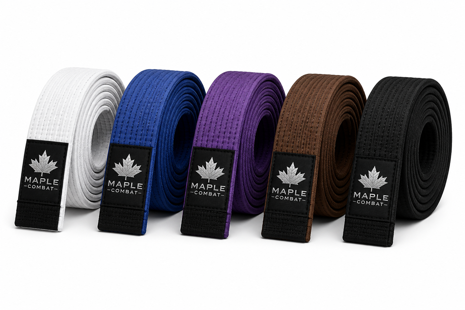 Maple Combat BJJ ranking belts in white, blue, purple, brown, and black